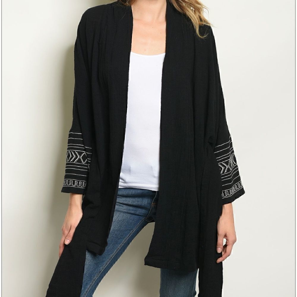 Long sleeve open front kimono with embroidery